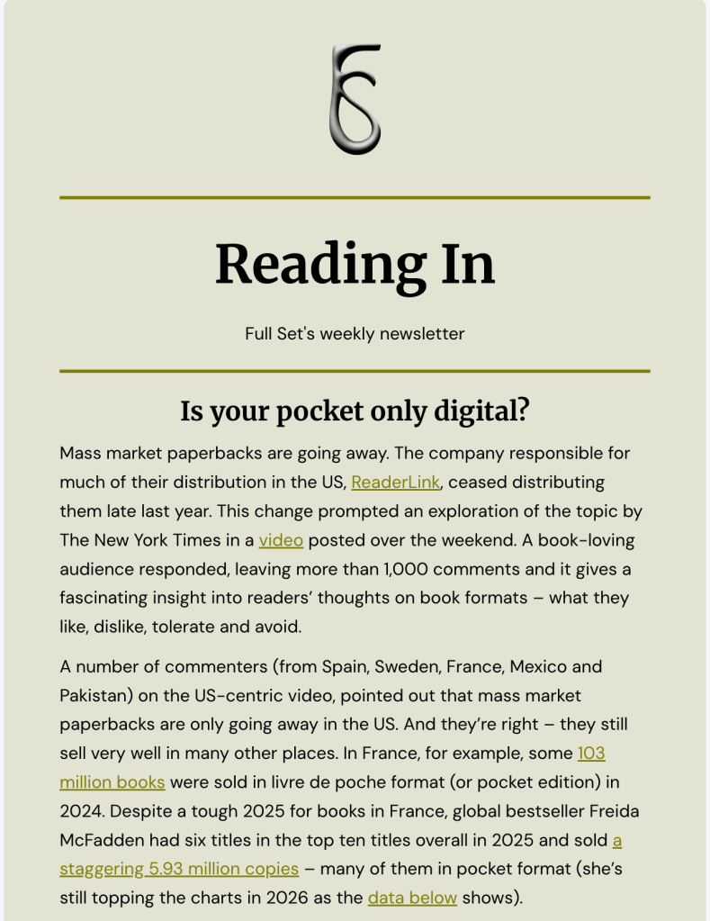 A screenshot of the header, newsletter title and the lead article title of Reading In, Full Set's weekly newsletter.